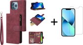 Coque de téléphone de Luxe pour Apple iPhone 13 Pro | Bookcase en cuir de haute qualité | Étui portefeuille en cuir | Apparence Luxe | Porte-cartes 6 pièces | Rouge + 1x Protecteur d'écran