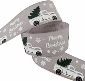 Kerst Lint Truck 22mm (2,2cm) | Luxe Taffeta Zijde Taft Kerstlint | Mat Satijnlint | Kersttruck Merry Christmas | Zilvergrijs (012) Wit Groen Zwart Goud Glitter | Cadeaulint | Rol: