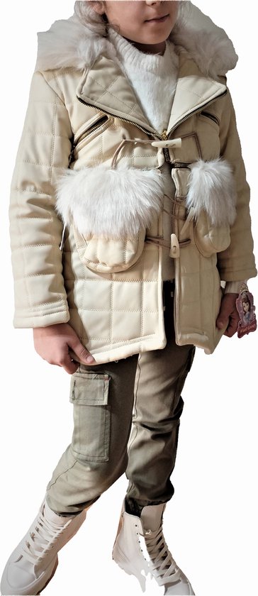 manteau d'hiver fille chaud doublé manteau fille avec imitation laine de mouton - col imitation fourrure simili cuir - beige, 134/140 10 ans