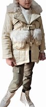 winterjas meisje-warmgevoerd meisjes jas met imitatie schapenwol- Imitatie Bontkraag-imitatieleer - beige, 134/140 10Jaar