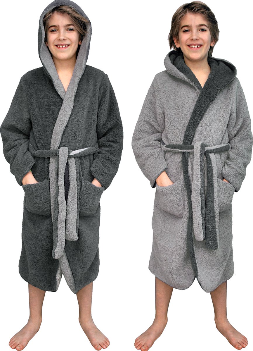 HOMELEVEL Sherpa omkeerbare kinderbadjas voor jongens en meisjes Zwart Maat 158/164