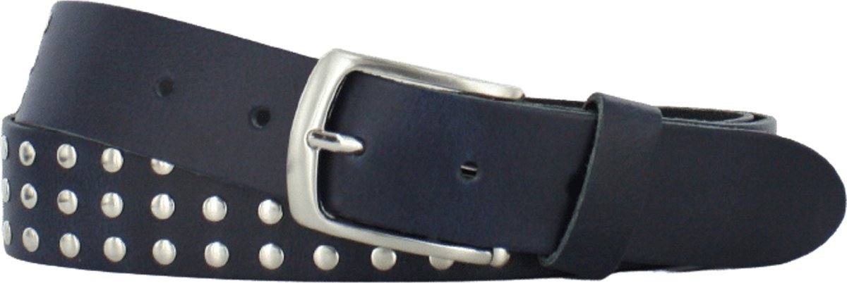 Leren Riem met studs | 4cm breed | Riemmaat: 85cm (totale lengte: 100cm) | 100% echt leer | Kleur: navy | Nikkelvrije gesp