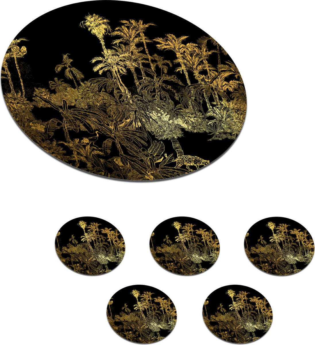 Onderzetters voor glazen - Rond - Jungle - Goud - Bomen - 10x10 cm - Glasonderzetters - 6 stuks