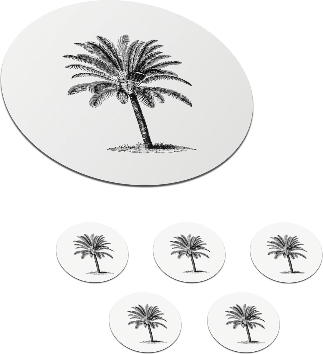 Onderzetters voor glazen - Rond - Retro - Palmboom - Bomen - 10x10 cm - Glasonderzetters - 6 stuks