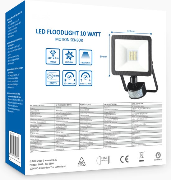 Lampe d'extérieur LED ELRO LF60 Design avec Détecteur de Mouvement - 20W -  1600LM - Étanche IP54 - Noir (LF60-20-P-B) ELRO