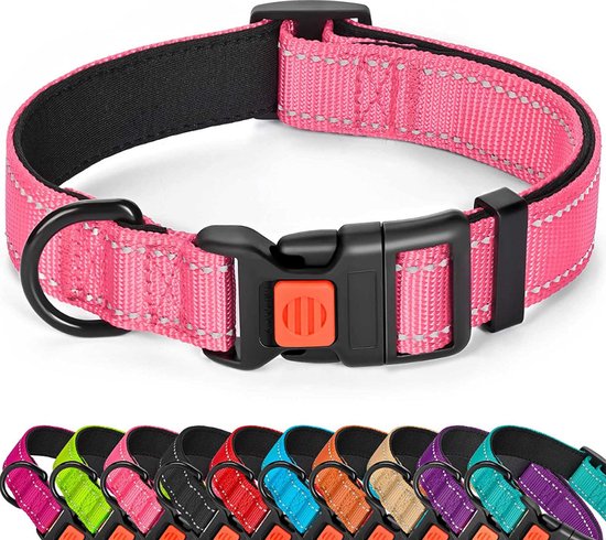 Halsband hond - Neon roze - Maat M - Reflecterend - Met veiligheidssluiting  | bol.com