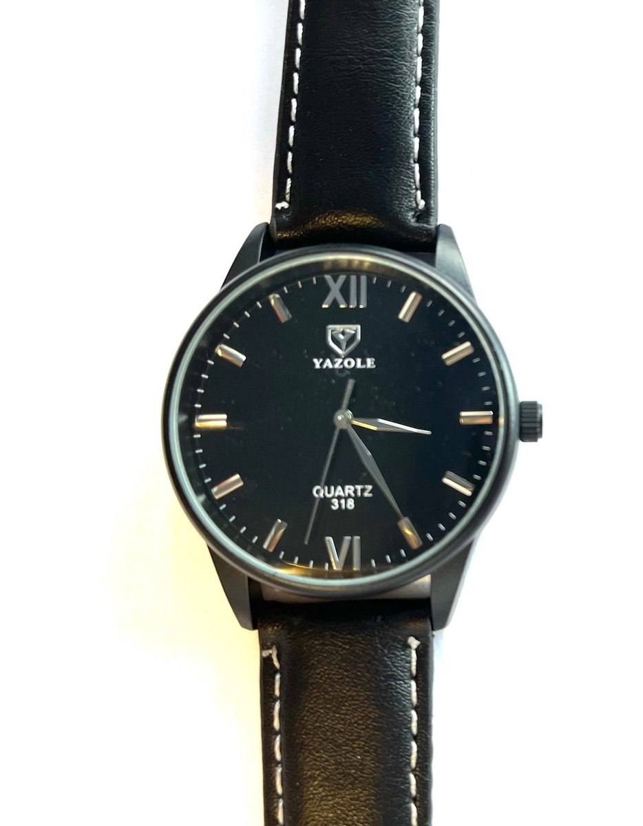 Yazole - heren horloge - Zwart 40 mm- PU lederen band - Zwart
