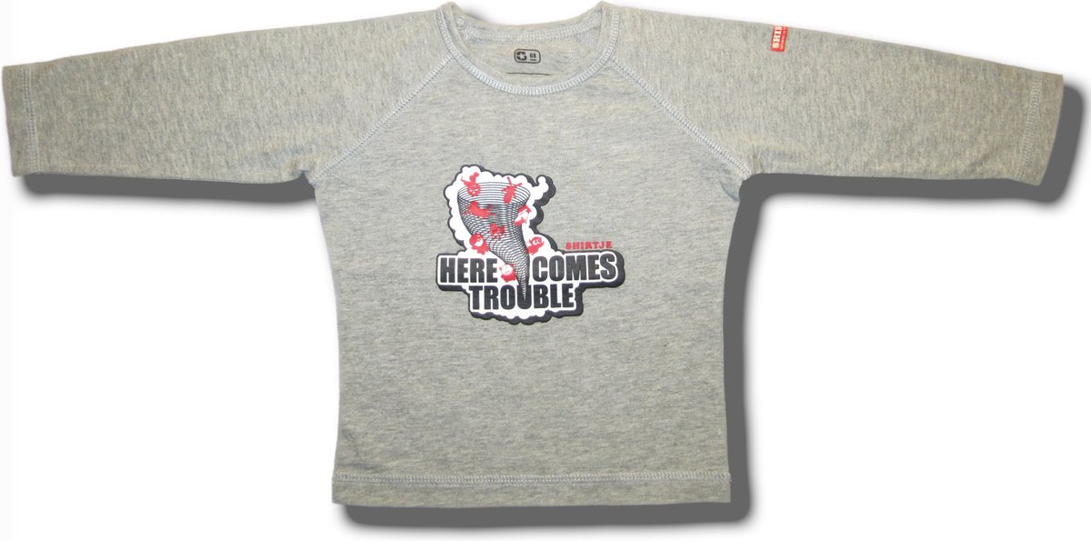 Twentyfourdips | T-shirt lange mouw kind met print 'Here comes trouble' | Grijs melee | Maat 86 | In giftbox