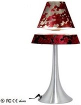 Zwevende klassieke lamp, zwarte kap met rode bloemen motief en aluminium voet
