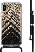 iPhone X/XS hoesje met koord - Chevron luipaard | Apple iPhone Xs crossbody case | Zwart, Transparant | Luipaardprint