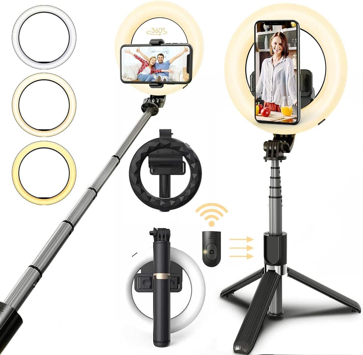 Selfies Stick - LED Ringlamp - Statief - ⌀16 cm - Incl Bluetooth Afstandsbediening