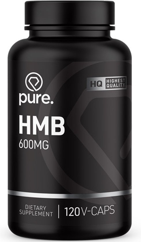 Zwarte pot met 'pure. HMB 600MG' en '120V-CAPS' in witte letters. Hoogste kwaliteit.
