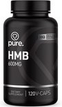 Zwarte pot met 'pure. HMB 600MG' en '120V-CAPS' in witte letters. Hoogste kwaliteit.