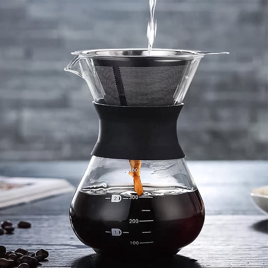 Echter Wijzerplaat leerboek Pour Over Koffiepot met Permanent RVS koffiefilter - Slow Coffee Maker Kit  - Glazen... | bol.com