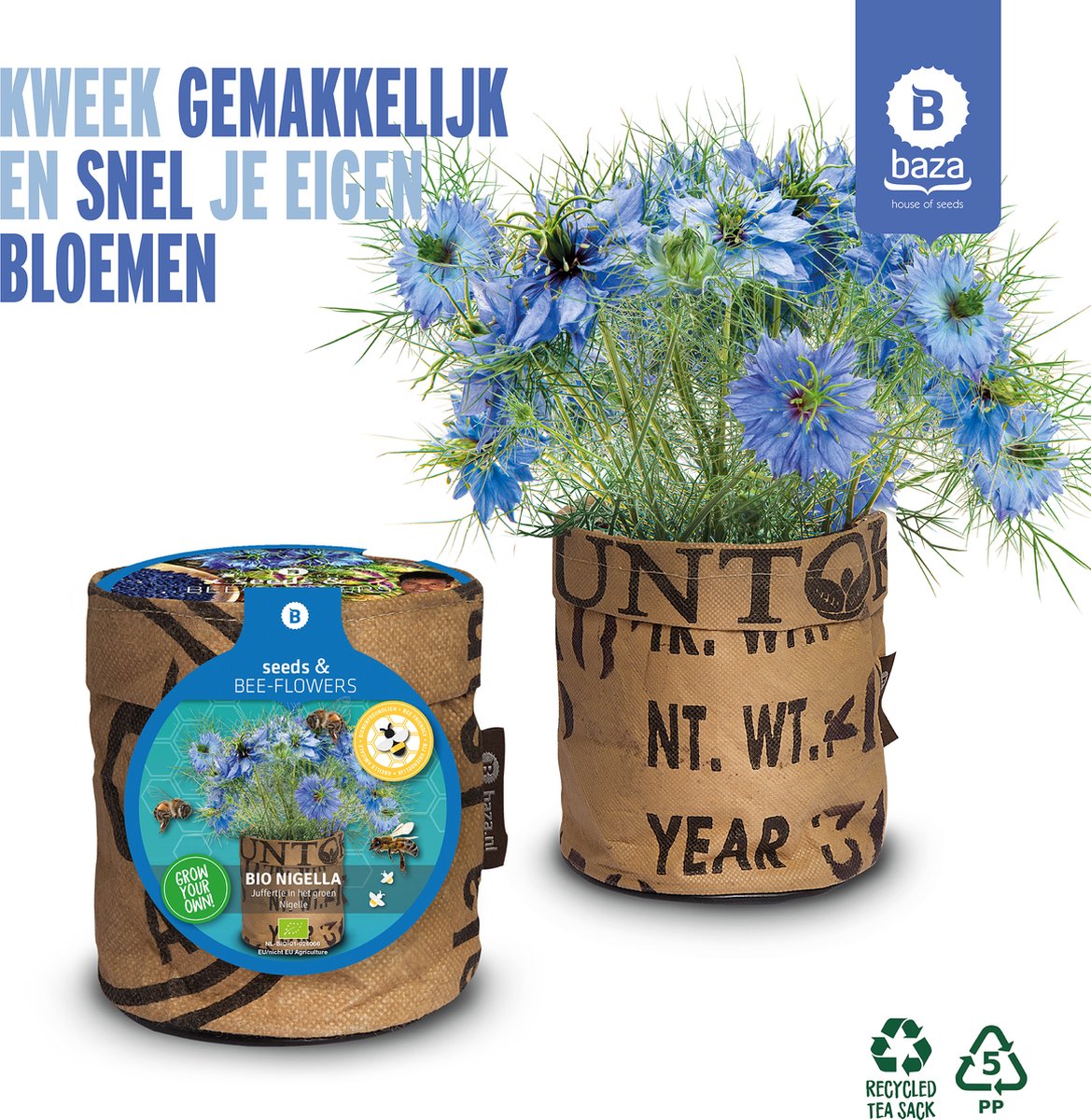 Seeds & Bee-Flowers Kweekset Bio Nigella/BIO/duurzaam/gerecycled/cadeau/binnen tuinieren