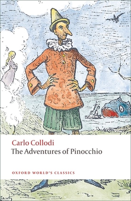 Boek kaft met illustratie van Pinokkio in oranje kleding, met een vis in de zee.