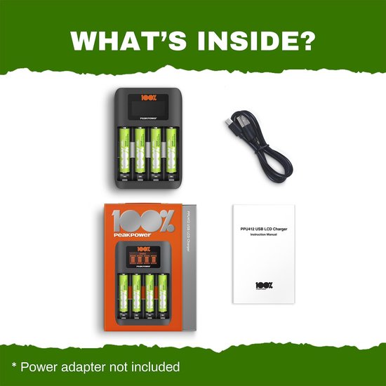 Chargeur de batterie 100% Peak Power U412 Comprend 4 piles AAA