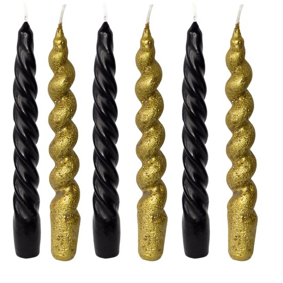 Set van 6 Gedraaide Kaarsen – Spiral kaarsen – Twisted kaarsen – Dinerkaarsen - Goud - Zwart