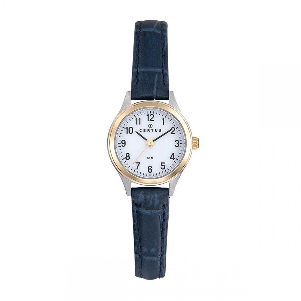 Certus-Duidelijk Dames horloge-Blauw lederen band-Bicolor