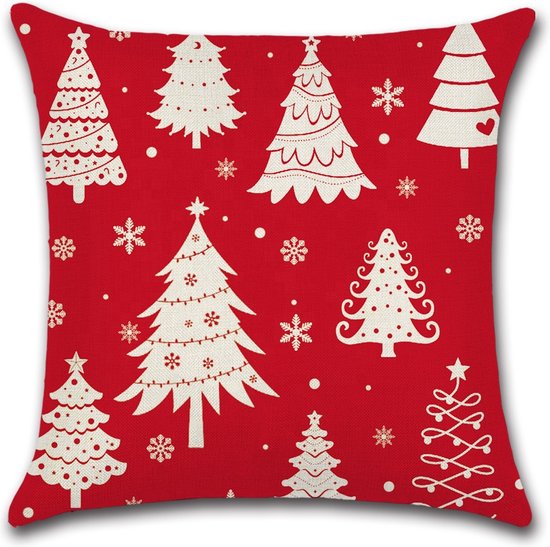 Kussenhoes Kerst - Dennenbomen Rood - Kussenhoes - Kerst - 45x45 cm - Sierkussen - Polyester