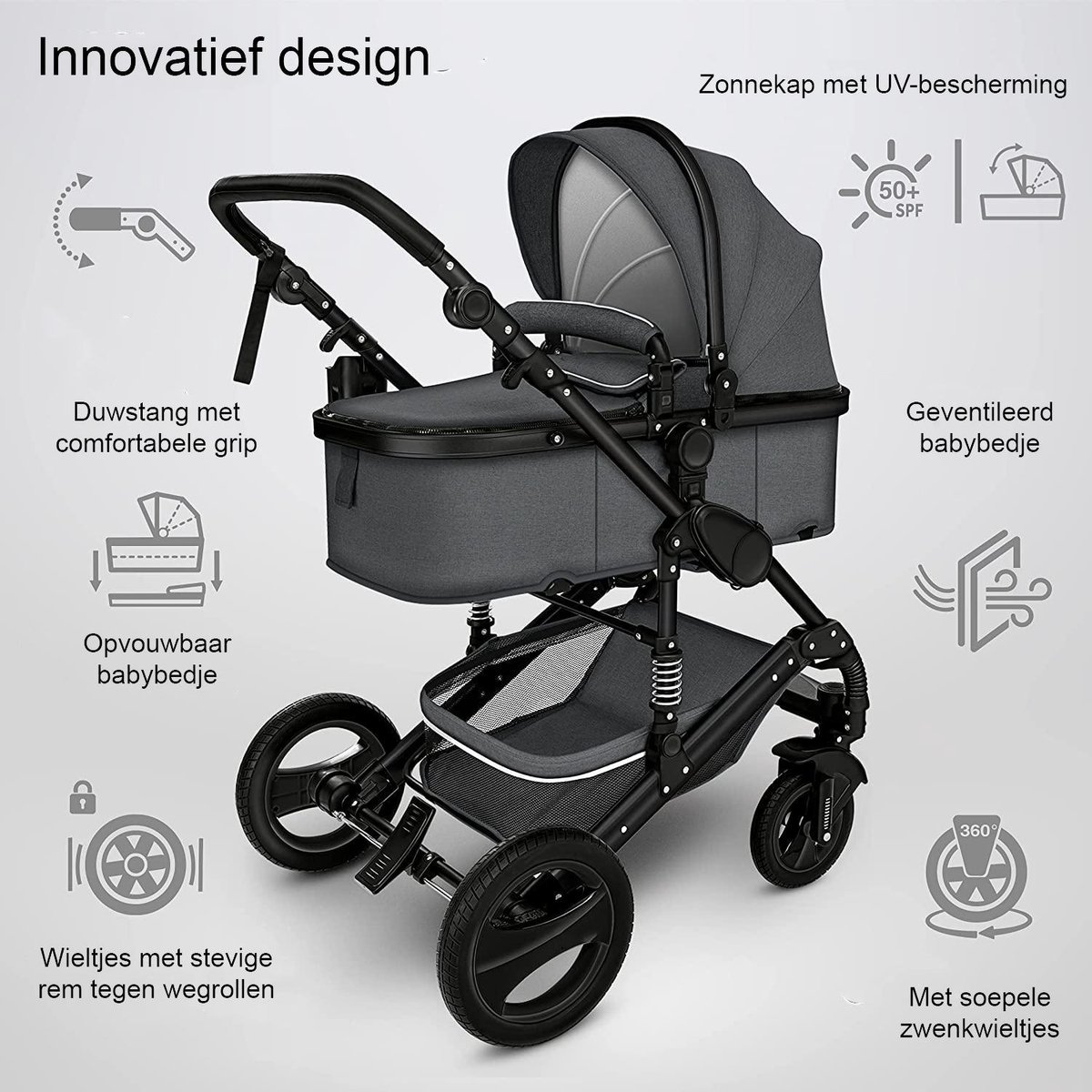 Kinderwagen 3 in 1 - inclusief accessoires - Antraciet/Zwart - afbeelding 2