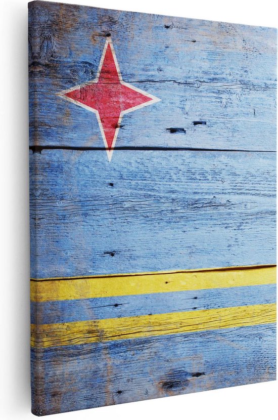 Artaza - Canvas Schilderij - Aruba Vlag op Hout - 80x100 - Groot - Foto Op Canvas - Canvas Print