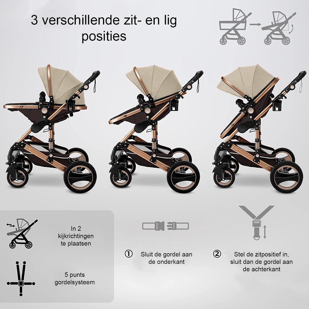Kinderwagen 3 in 1 met Luiertas Bruin/Goud - afbeelding 3