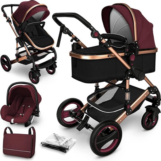 Kinderwagen 3 in 1 met Luiertas - Bordeaux/Goud - Kinderwagen - €259,79