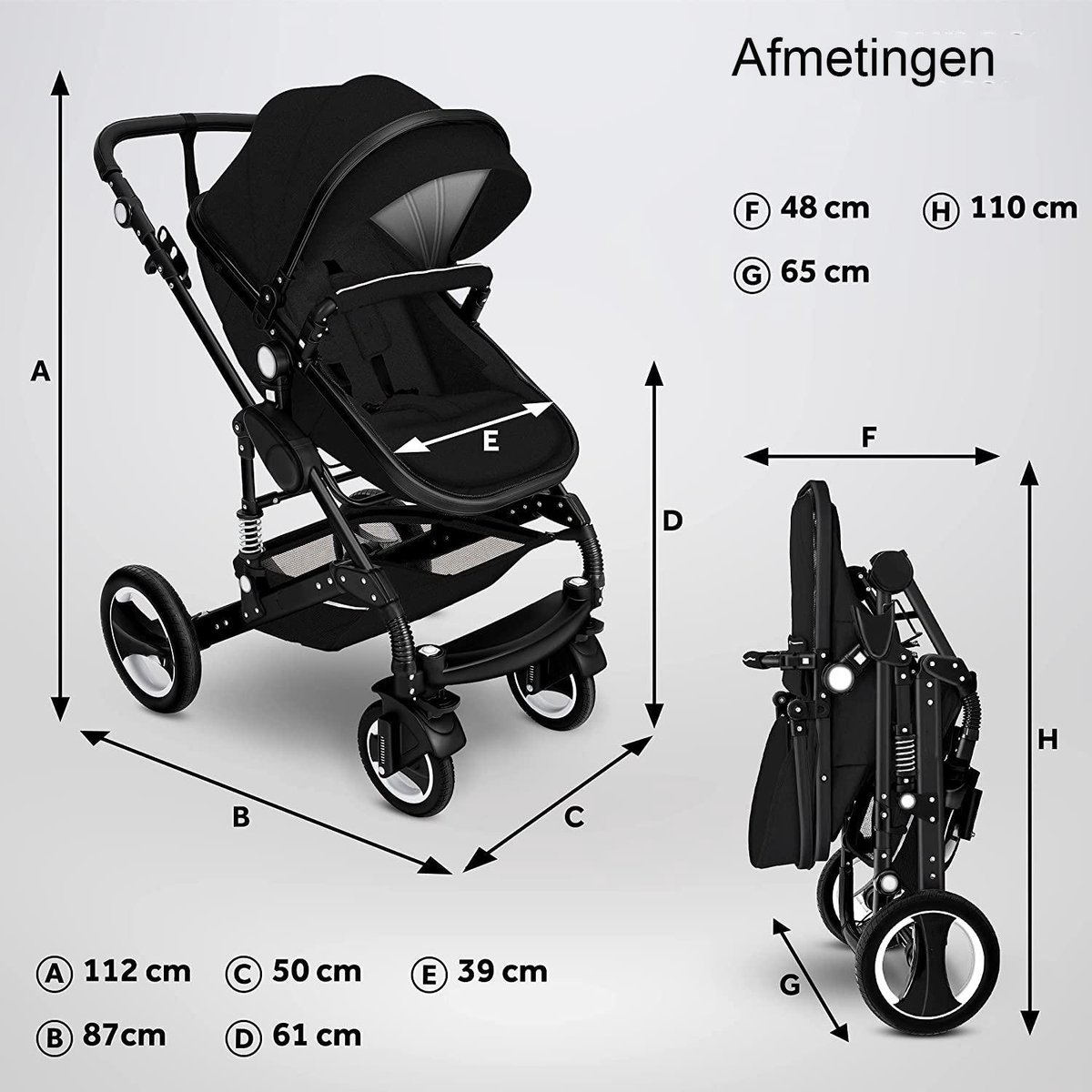 Kinderwagen 3 in 1 Verstelbaar met Luiertas - Zwart - afbeelding 3