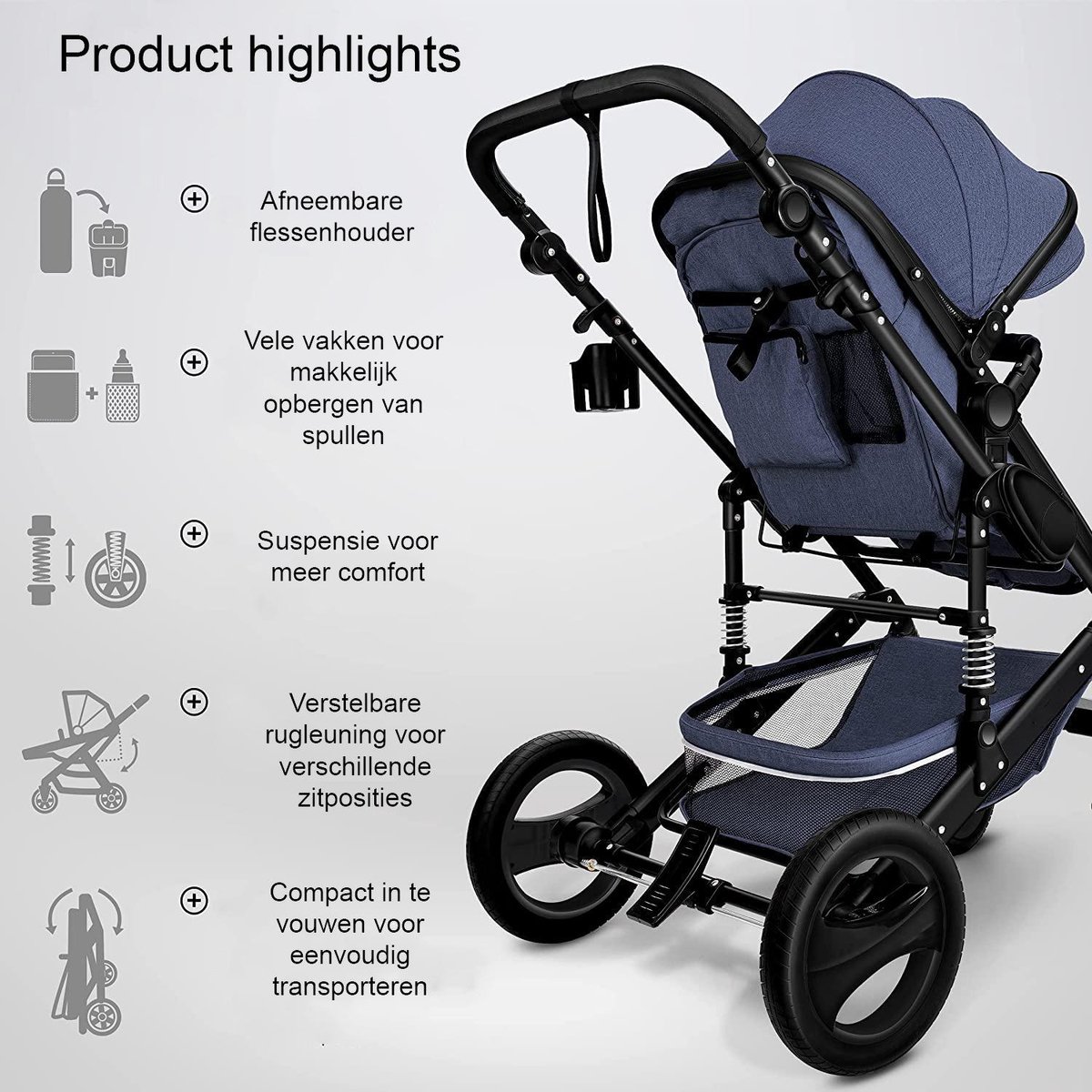 Kinderwagen 3 in 1 met Luiertas Blauw/Zwart - afbeelding 3
