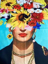 Sjaal schilderij met Frida Kahlo van dikker materiaal met 2 kanten print (1 kant effen blauw)