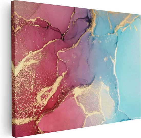 Artaza Canvas Schilderij Abstracte Kunst van Marmer - Roze met Blauw - 80x60 - Foto Op Canvas - Canvas Print