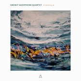 Albumhoes met abstracte kunst in blauwe en gouden tinten, met de tekst Ebonit Saxophone Quartet Arabesque.