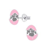Joy|S - Zilveren Paasei oorbellen - roze ei met een grijs konijntje