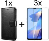 Oppo A16 hoesje bookcase met pasjeshouder zwart wallet portemonnee book case cover - 3x Oppo A16 screenprotector