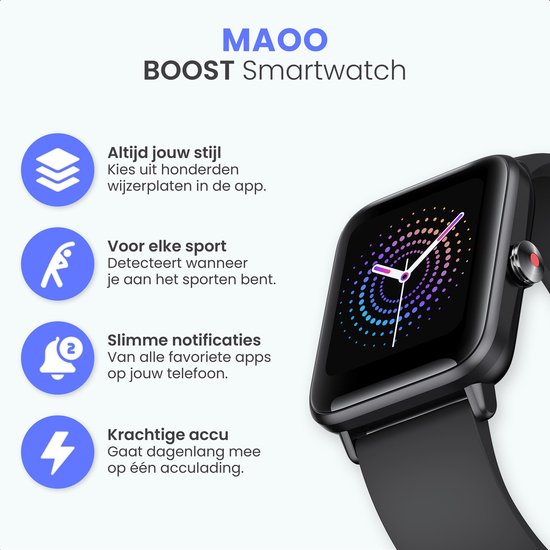 MAOO BOOST Smartwatch - Incl. screenprotector – Waterproof – Smartwatch heren – Smartwatch dames - Stappenteller – Horloge – Zwart