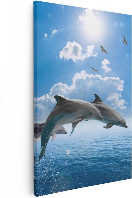 Artaza Canvas Schilderij Dolfijnen Springen uit de Blauwe Zee - 20x30 - Klein - Foto Op Canvas - Canvas Print