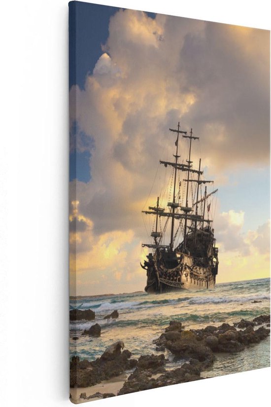 Artaza Canvas Schilderij Piratenschip aan de Kust bij Zonsondergang - 60x90 - Foto Op Canvas - Canvas Print