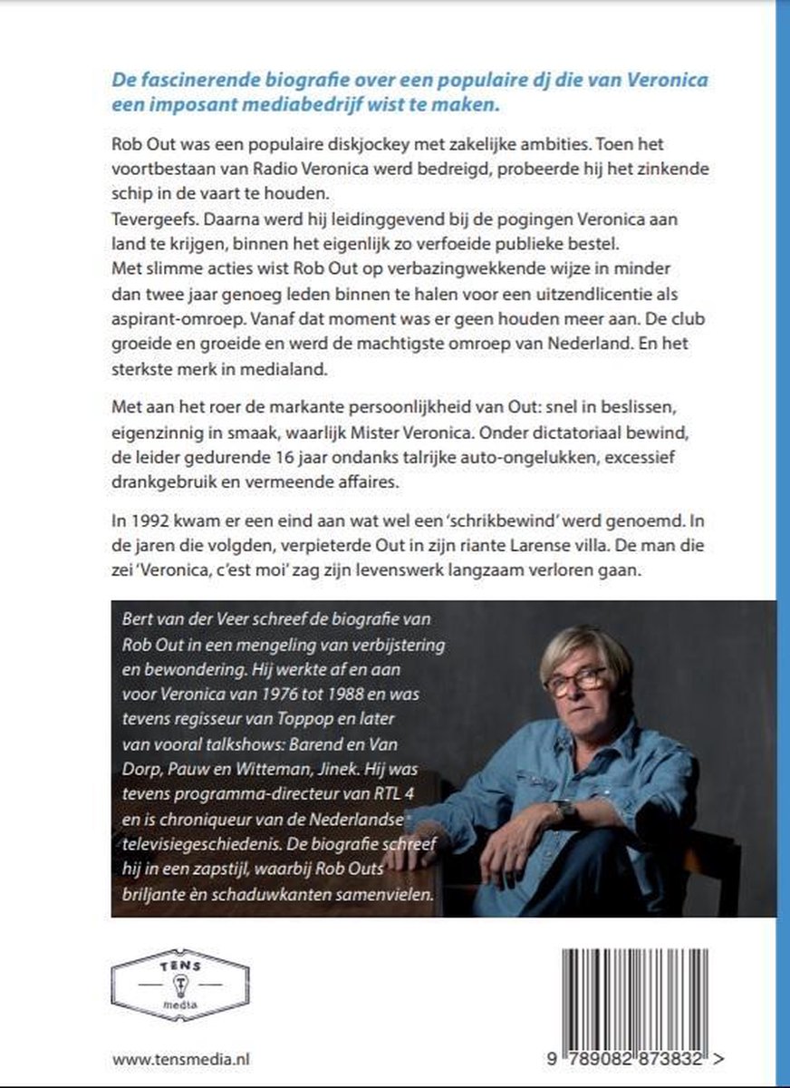 Achterkant boek: Rob Out met een spijkerjack en een bril, met tekst over zijn biografie.