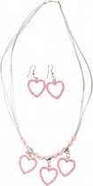 halsketting met oorbellen Hearts roze 3-delig
