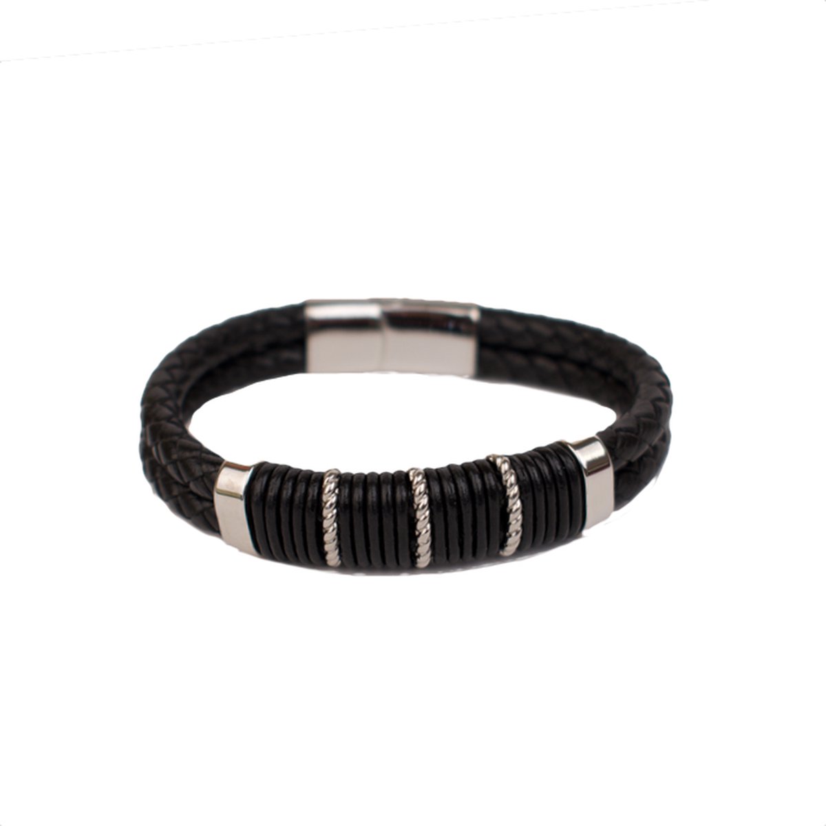 Zwart leren armband | dubbel laags | yuza | stainless steel | 21 cm