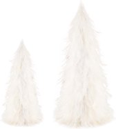 Set de 2 cônes / Sapins de Noël artificiels / Sapin de Noël avec plumes - Wit / argent - 15 x 15 x 48 cm de haut (le plus grand arbre)
