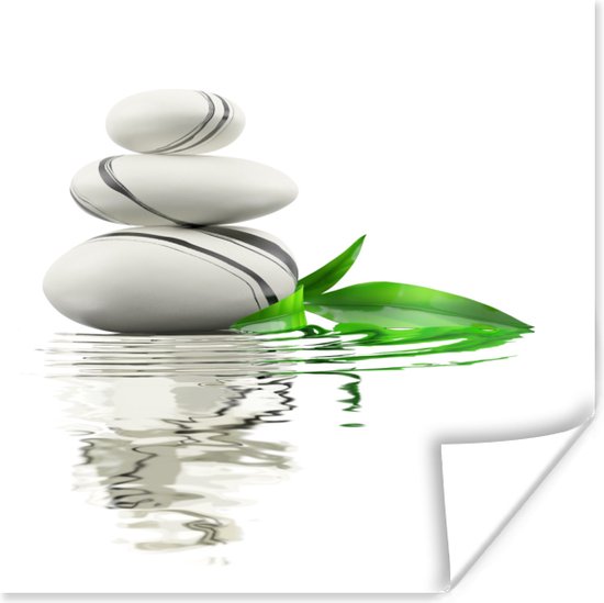 Affiche d'illustration de pierres de spa et feuille de bambou dans l'eau 50x50 cm - Tirage photo sur Poster (décoration murale salon / chambre)