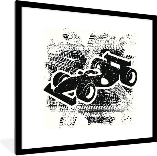 Fotolijst incl. Poster - Een kunstzinnige illustratie van een zwart-witte racewagen uit de Formule 1 - 40x40 cm - Posterlijst