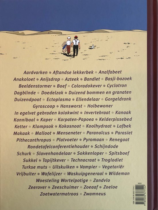 Achterkant boek met illustratie van Kuifje en kapitein Haddock en vele Nederlandse woorden.