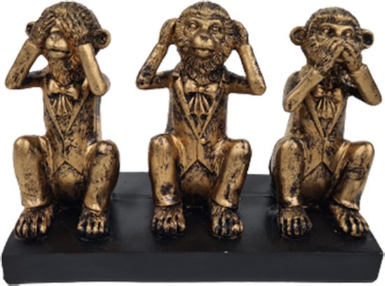 Horen, Zien en Zwijgen Apen - Zwart / Goud - Steen - Metaal - Aapjes