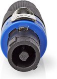 Connector met blauwe ring en metalen clip, zwarte behuizing met ribbels.