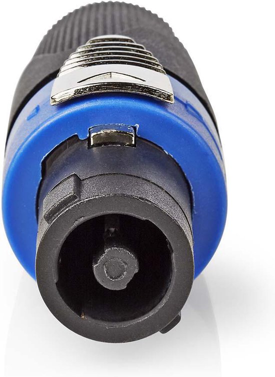 Connector met blauwe ring en metalen clip, zwarte behuizing met ribbels.