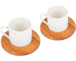Joy Kitchen duurzame koffiekopjes en espresso kopjes set van 2 | houten onderlegger | natuurlijk barista servies | koffiemok op houten plateau | koffiebeker | porseleinen kopjes | koffie servies | barista-accessoires | duurzaam cadeau