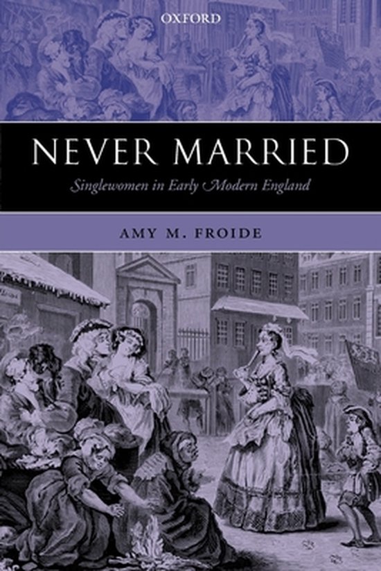 Boekomslag met de titel 'Never Married' en afbeeldingen van vrouwen in historische kledij.